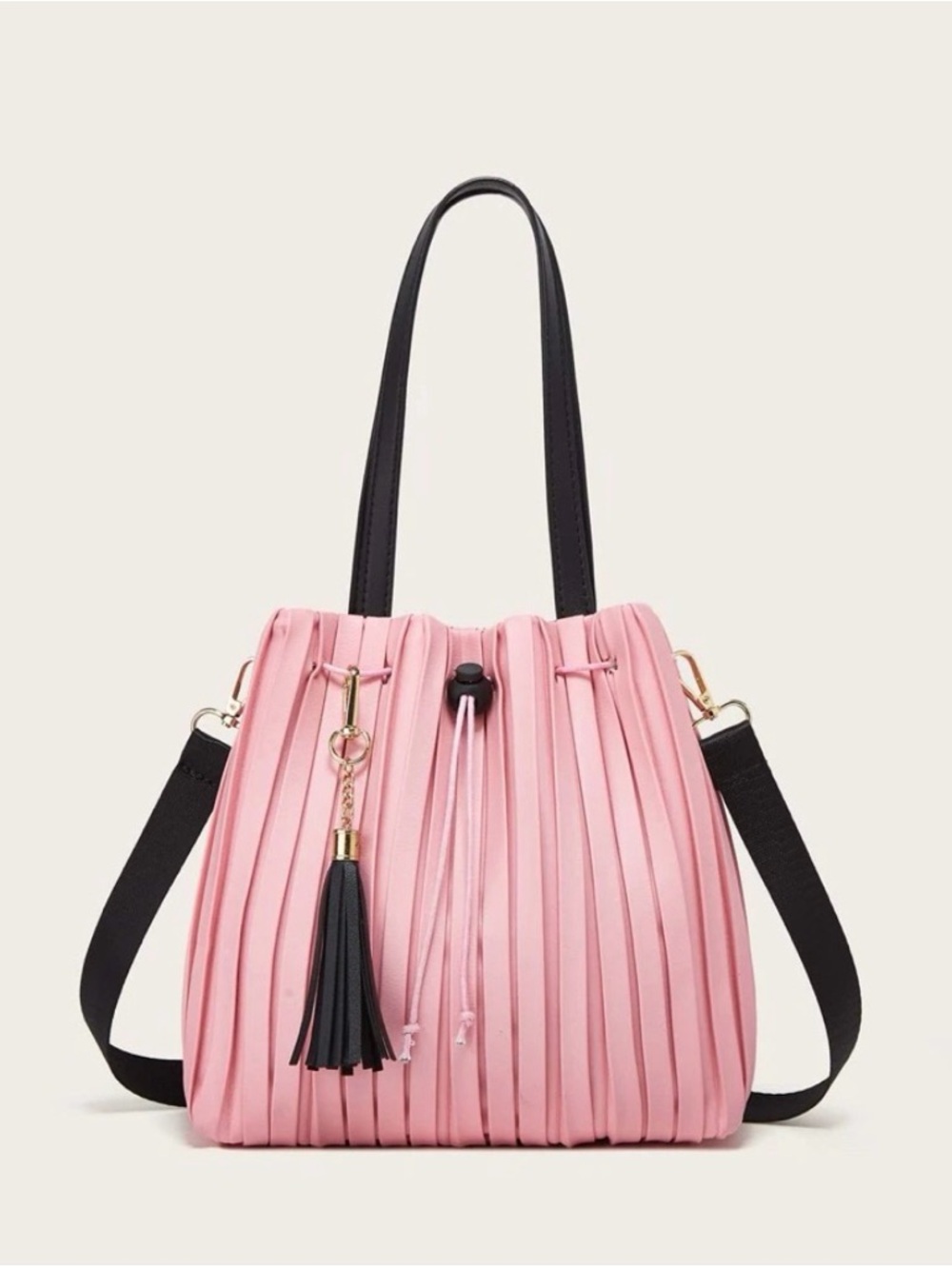 Pink Pleated Tote Bag with Black Handles and Tassel